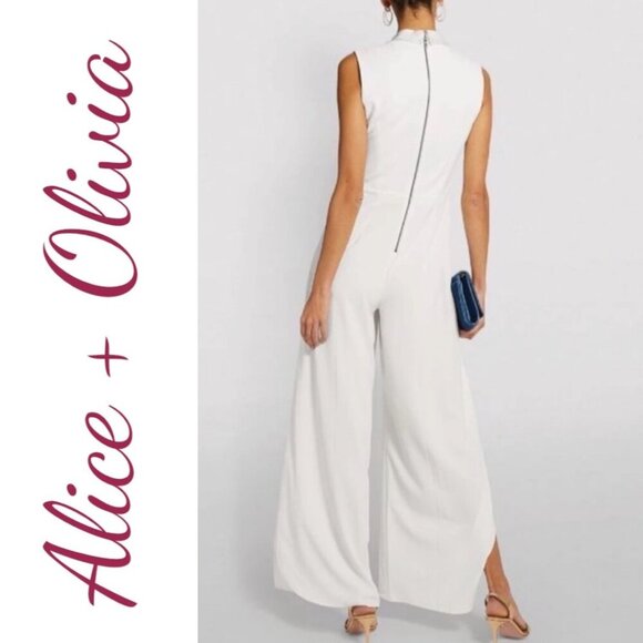 NWT ALICE + OLIVIA Bebe White Shawl Collar Split Leg Sleeveless Jumpsuit Size 12 - Picture 6 of 14